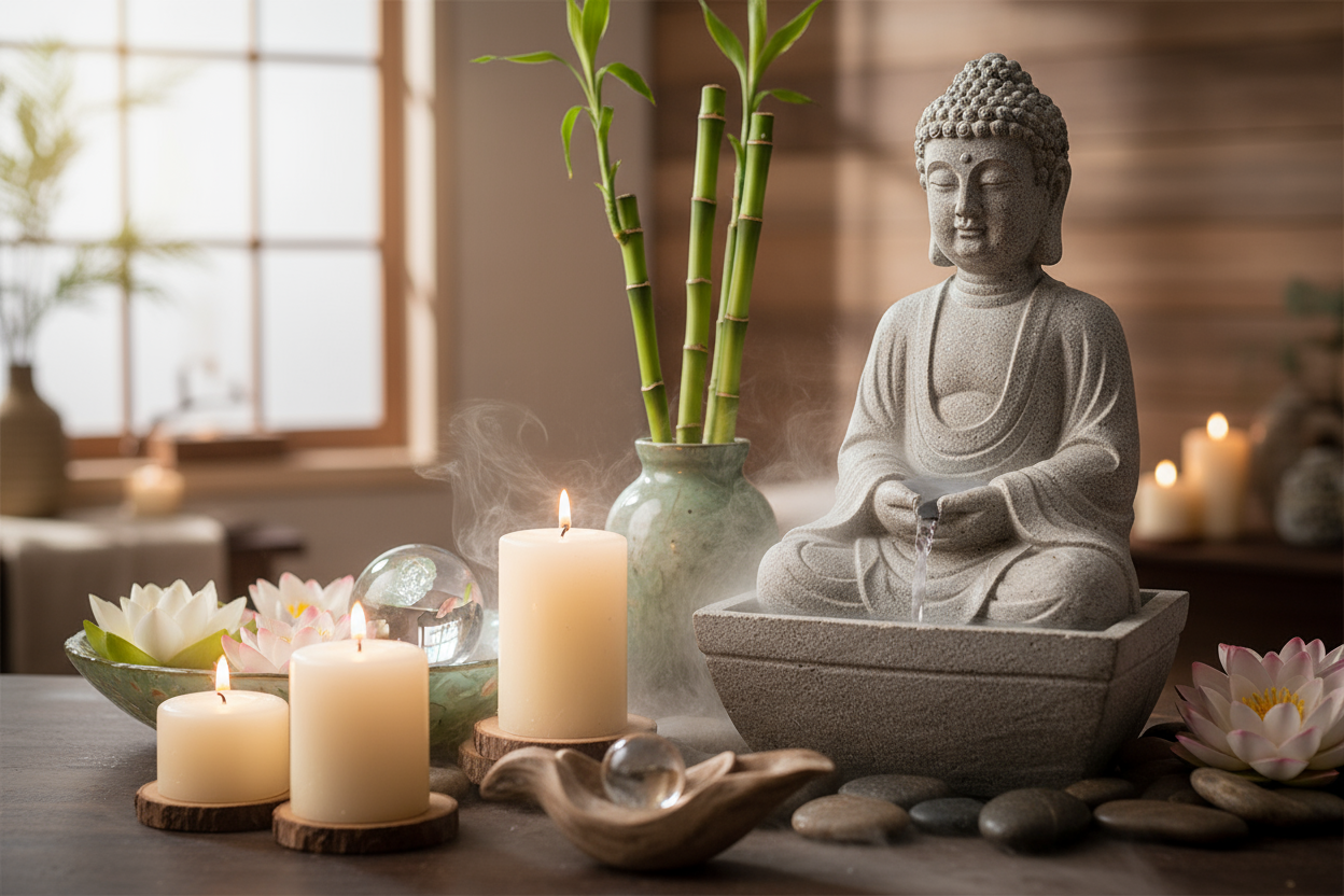 Tabletop water fountain collection featuring Buddha fountains, meditation decor, and zen home accessories