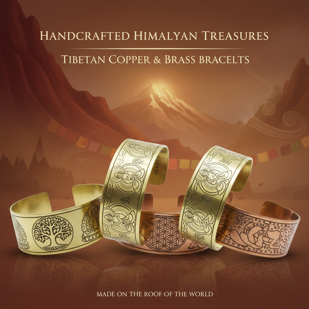 Handcrafted Tibetan copper and brass bracelets from Nepal with traditional symbols