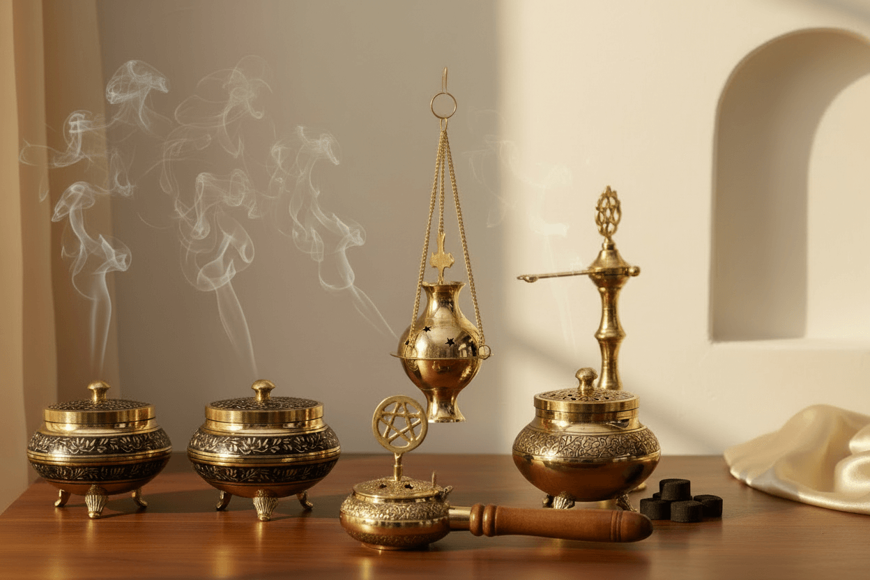 Traditional brass incense burners handcrafted in Moradabad, India, featuring hanging burners and charcoal jars with intricate metalwork in warm golden tones