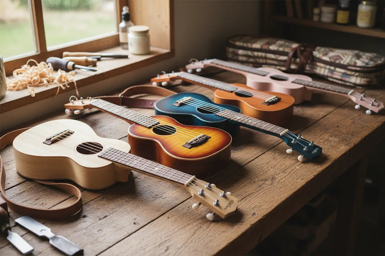 A collection of artisan ukuleles in various colourful finishes arranged on a wooden surface