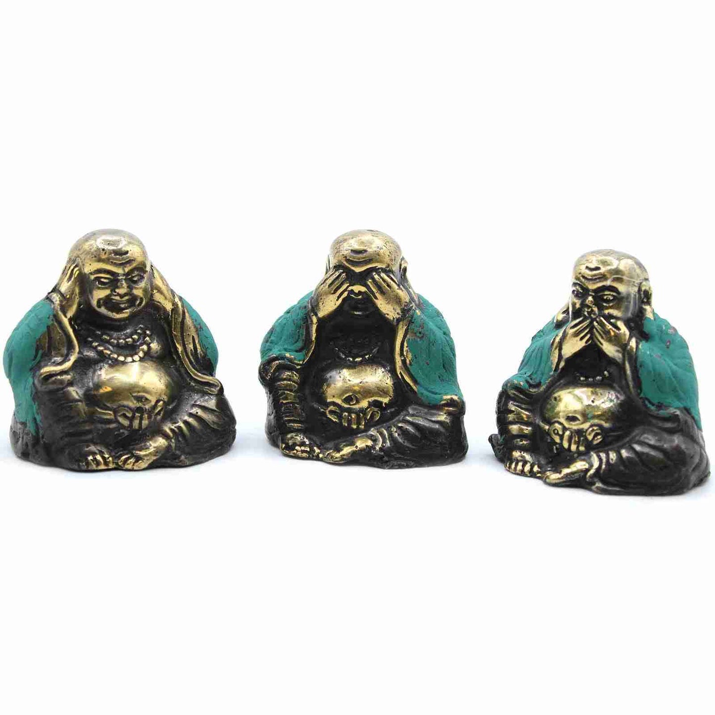Brass Buddha Figurine Set of 3 See No Evil on a white background.