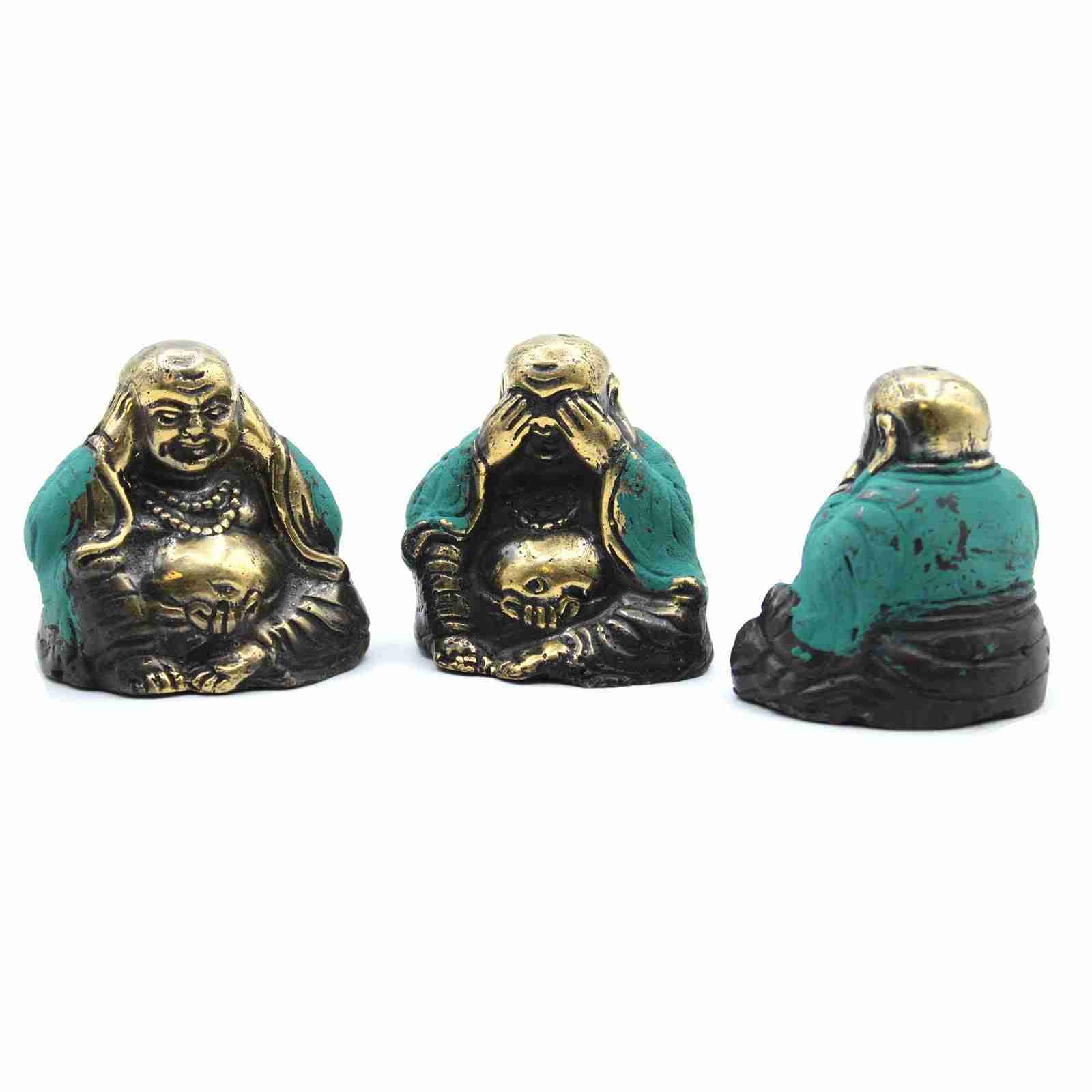 Brass Buddha Figurine Set of 3 See No Evil with different poses on a white background.