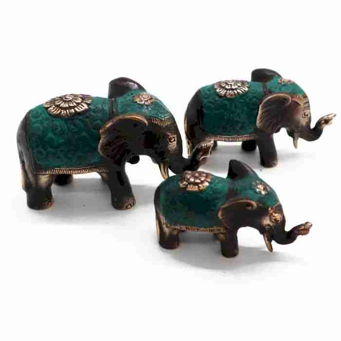 Brass Elephant Figurine Set of 3 Lucky Elephants on a white background