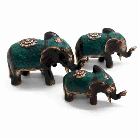 Brass Elephant Figurine Set of 3 Lucky Elephants on a white background