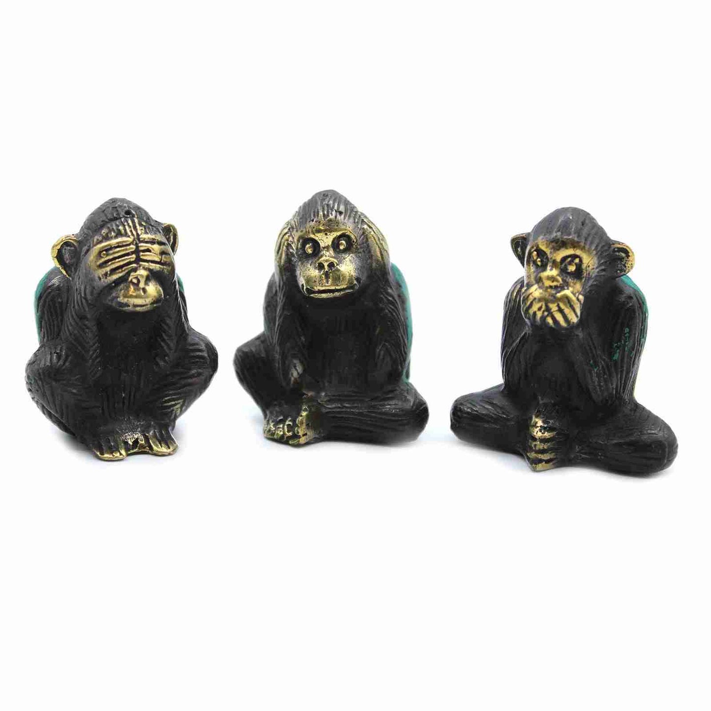 Brass Monkey Figurine Set of 3: See No Evil, Hear No Evil, Speak No Evil on a white background.
