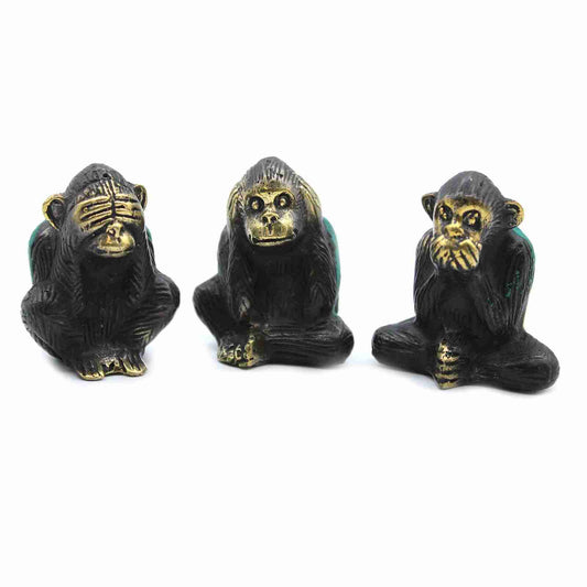 Brass Monkey Figurine Set of 3: See No Evil, Hear No Evil, Speak No Evil on a white background.