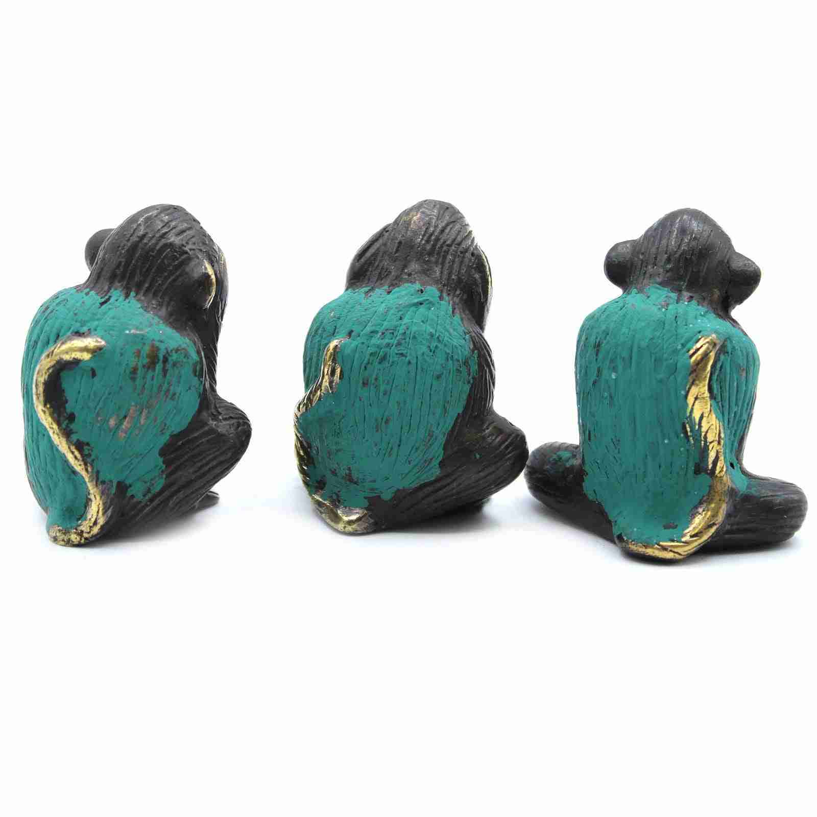 Brass Monkey Figurine Set of 3: See No Evil, Hear No Evil, Speak No Evil on a white background, rear view.