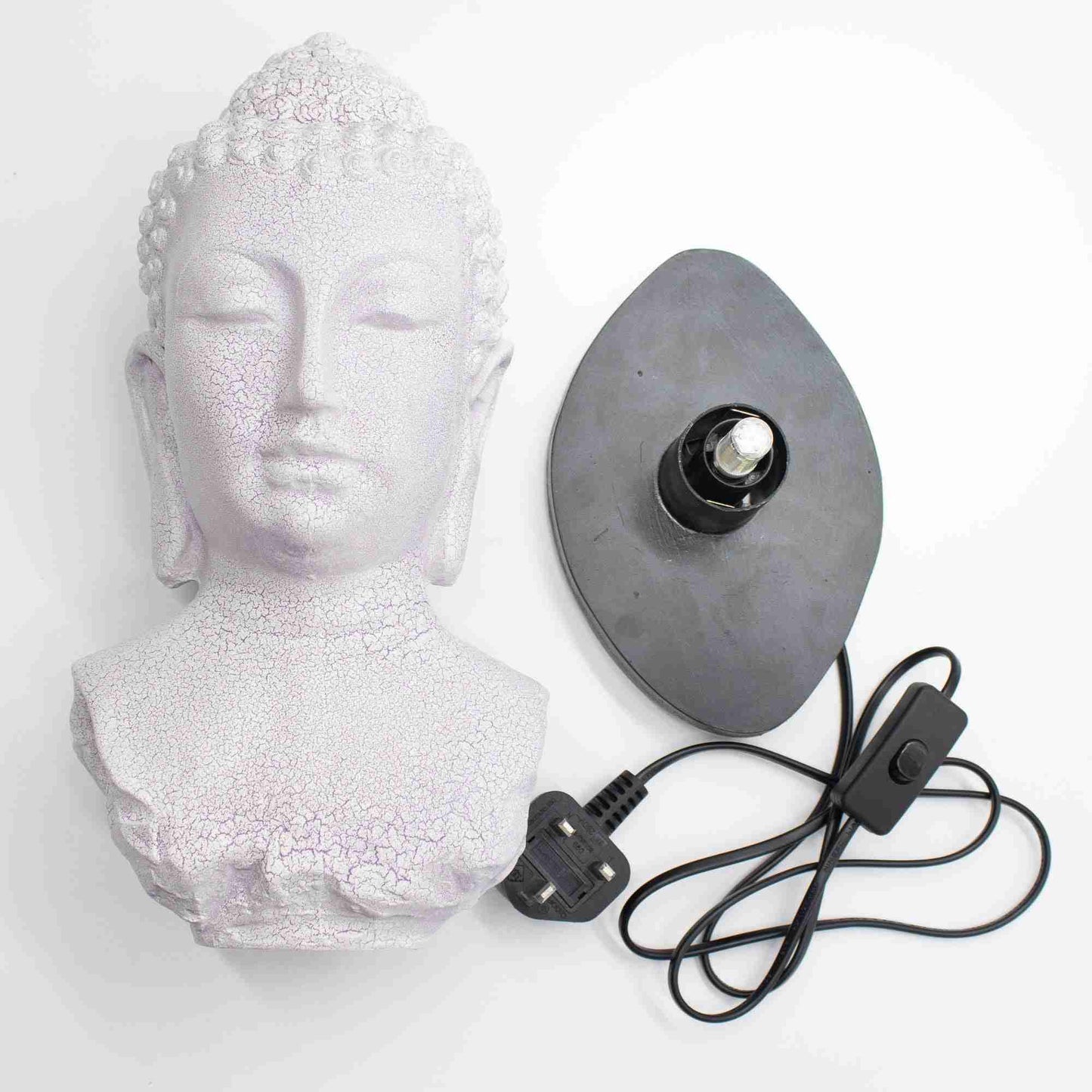 Buddha Bust Lamp Lavender Crackle with power cord and plug on a white background.