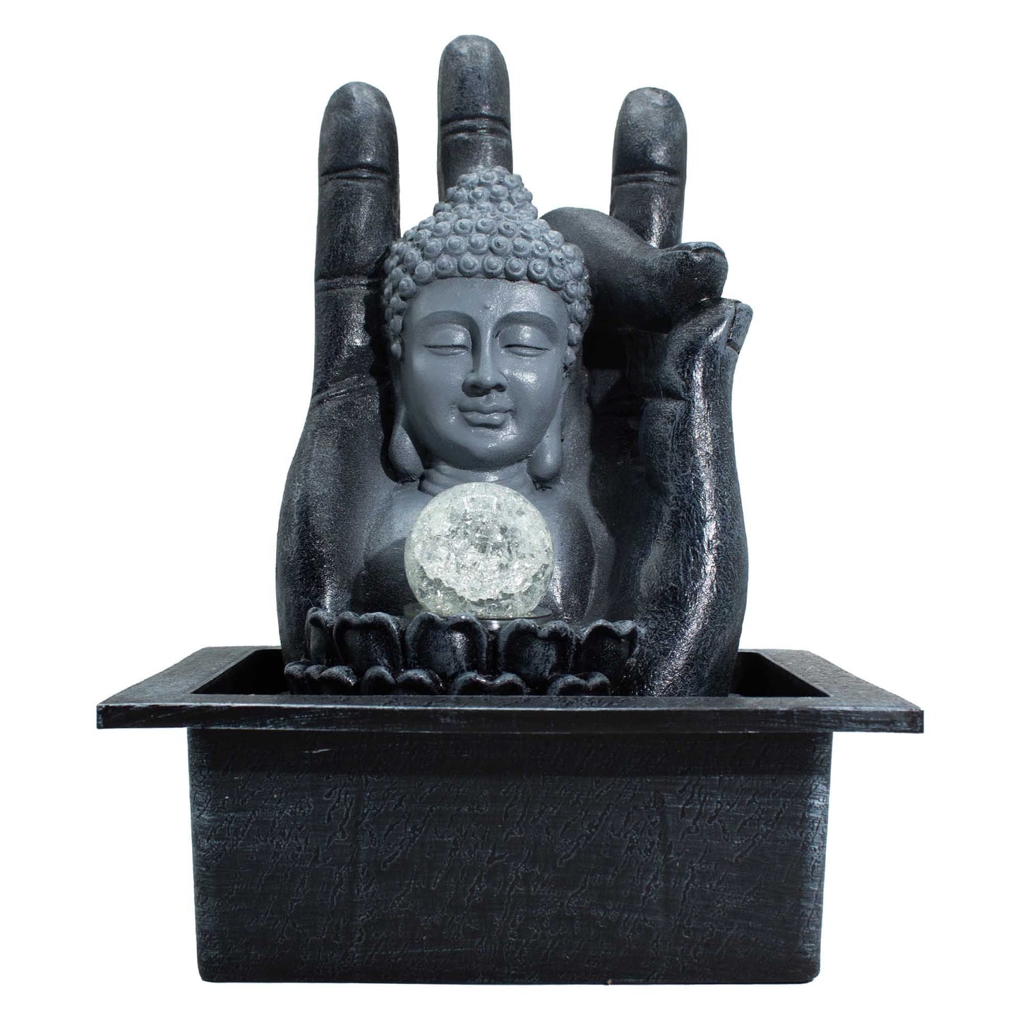 Buddha Hand & Head Tabletop Water Feature on a white background.