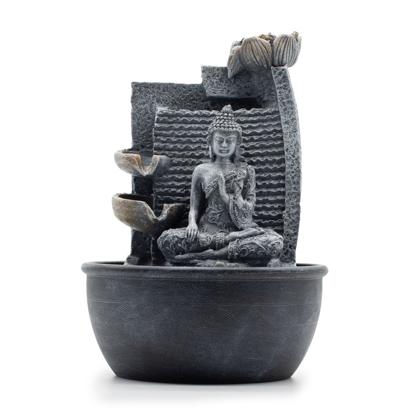 Buddha & Lotus Flower Cascading Pots Tabletop Water Feature on a white background.