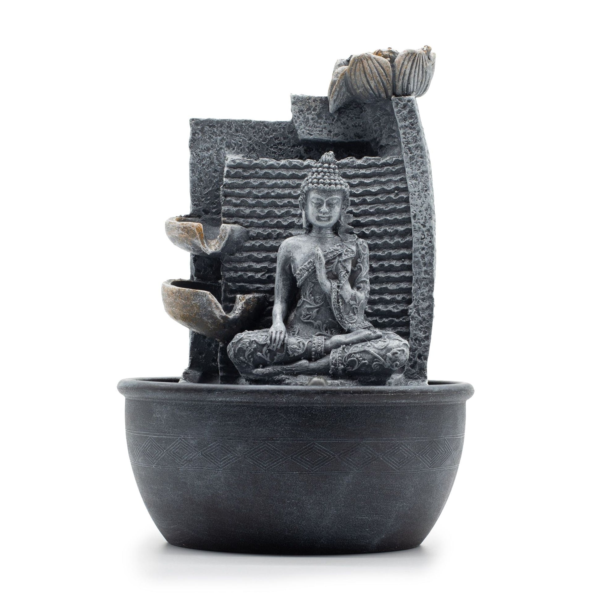 Buddha & Lotus Flower Cascading Pots Tabletop Water Feature on a white background.