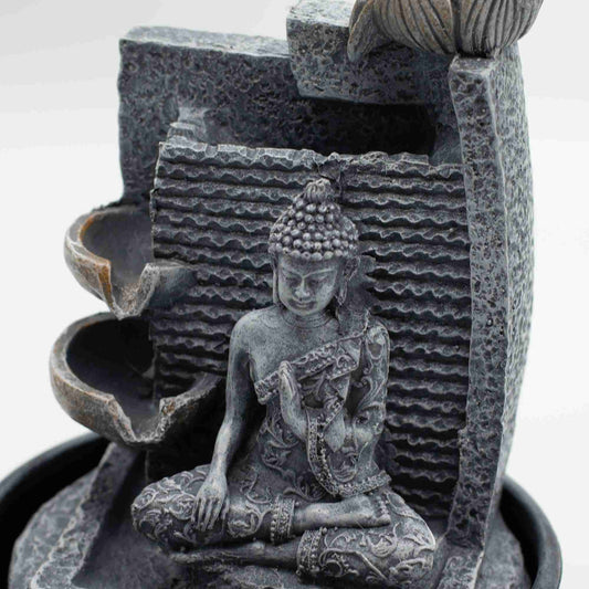 Buddha and Lotus Flower Cascading Pots Tabletop Water Feature on a white background, close-up view.