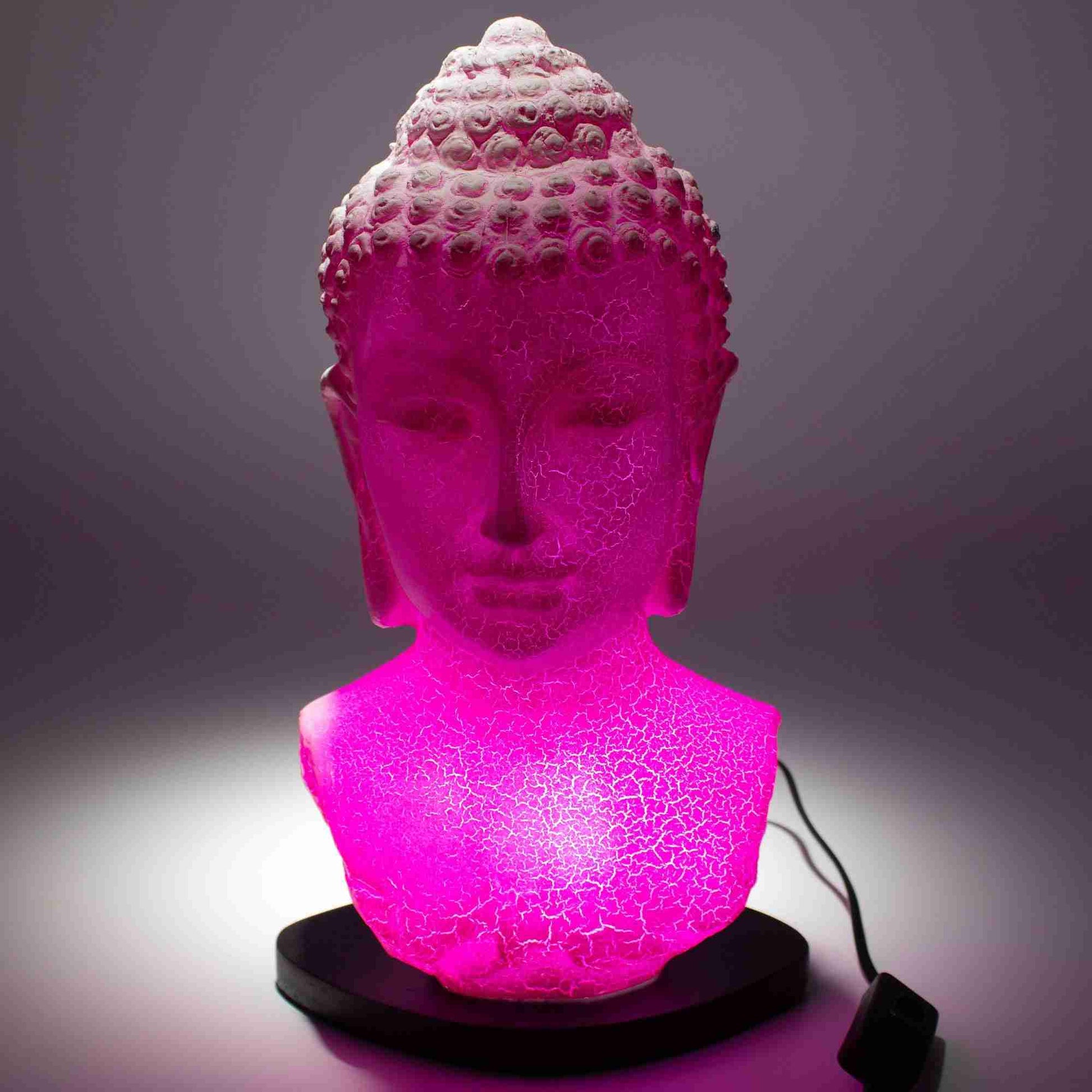 Cherry Crackle Buddha Bust Lamp on a dark background