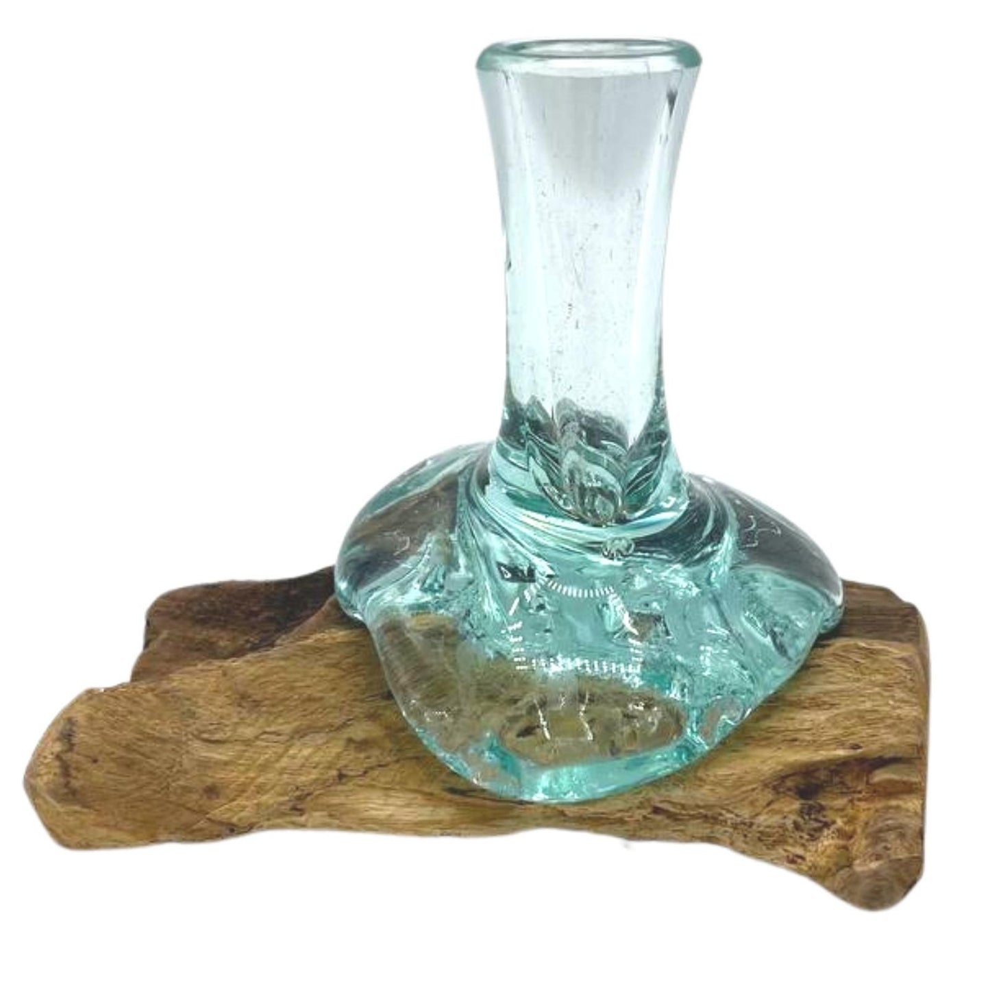 Handmade glass flower vase on natural wood base - eco-friendly Balinese home decor