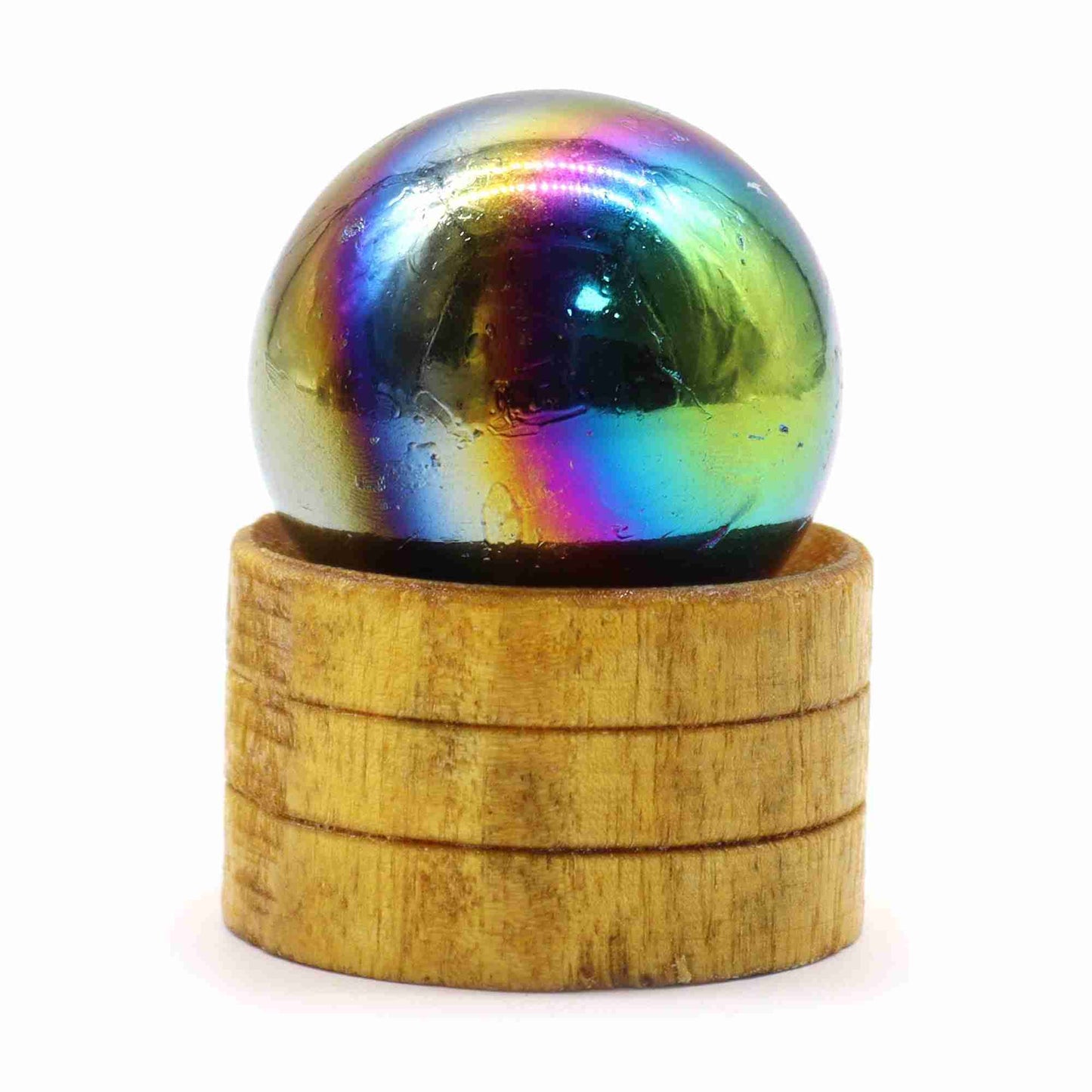 Gemstone Sphere 40mm - Amethyst Aura with Stand on a white background