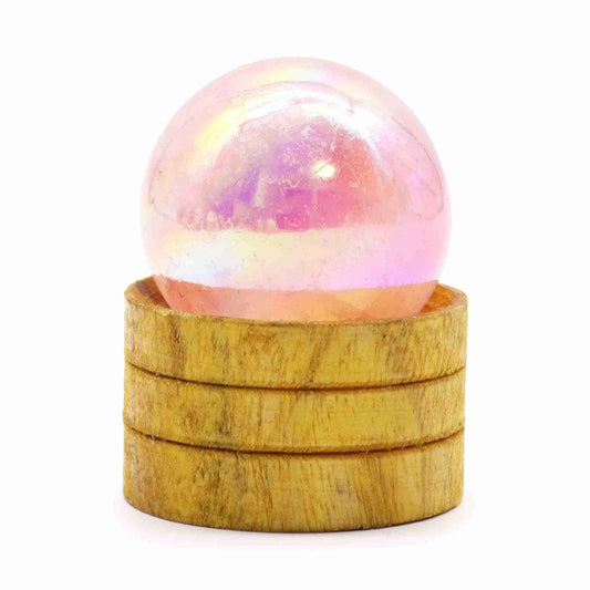 Gemstone Sphere 40mm - Rose Quartz Titanium Aura with Stand on a white background