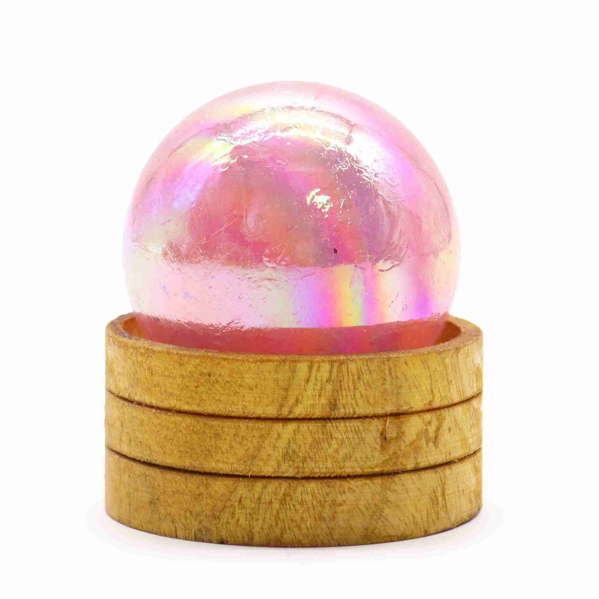Gemstone Sphere 50mm - Rose Quartz Titanium Aura with Stand against a white background