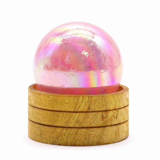 Gemstone Sphere 50mm - Rose Quartz Titanium Aura with Stand against a white background