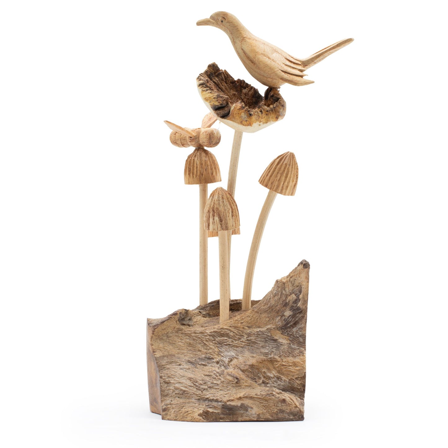 Handmade Parasite Wood Art Carving - Bird & Bee on Mushrooms on a white background