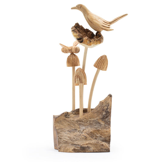 Handmade Parasite Wood Art Carving - Bird & Bee on Mushrooms on a white background