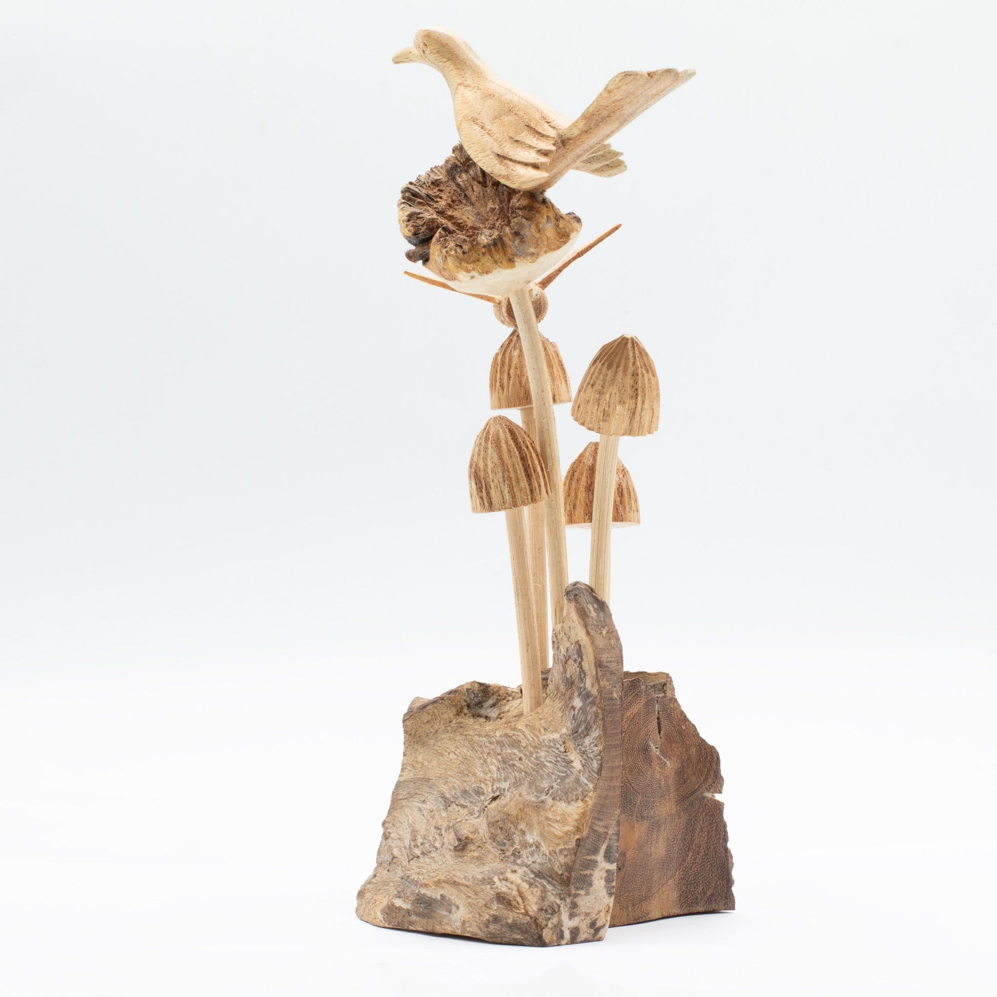 Handmade Parasite Wood Art Carving Bird & Bee on Mushrooms on a white background