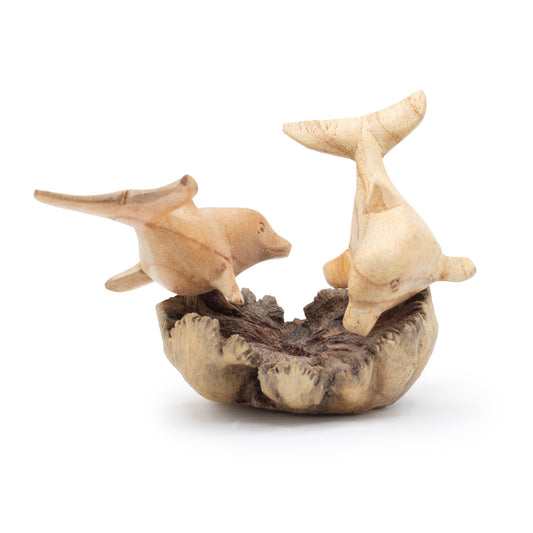 Handmade Parasite Wood Art Carving - Dolphins in Play on a natural wood base