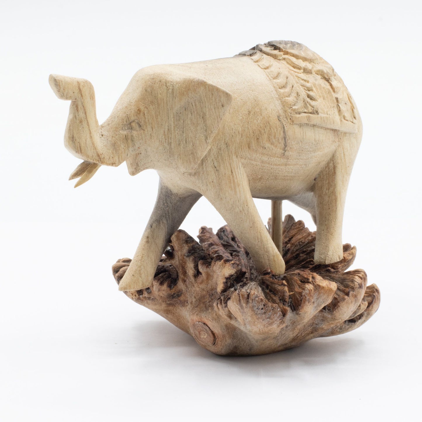 Handmade Parasite Wood Art Carving - Elephant Walking against a white background