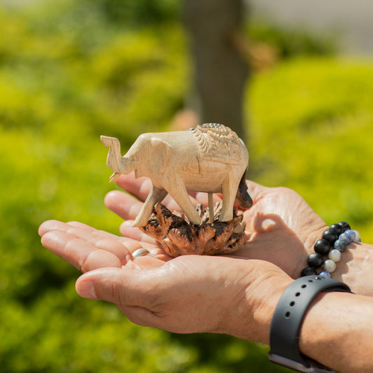 Hand holding a small Handmade Parasite Wood Art Carving Elephant Walking with a blurred green outdoor background