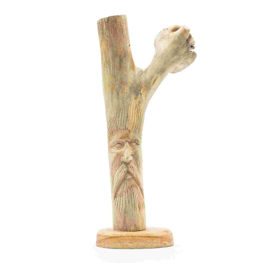 Handmade Parasite Wood Art Carving - Greenman on a white background