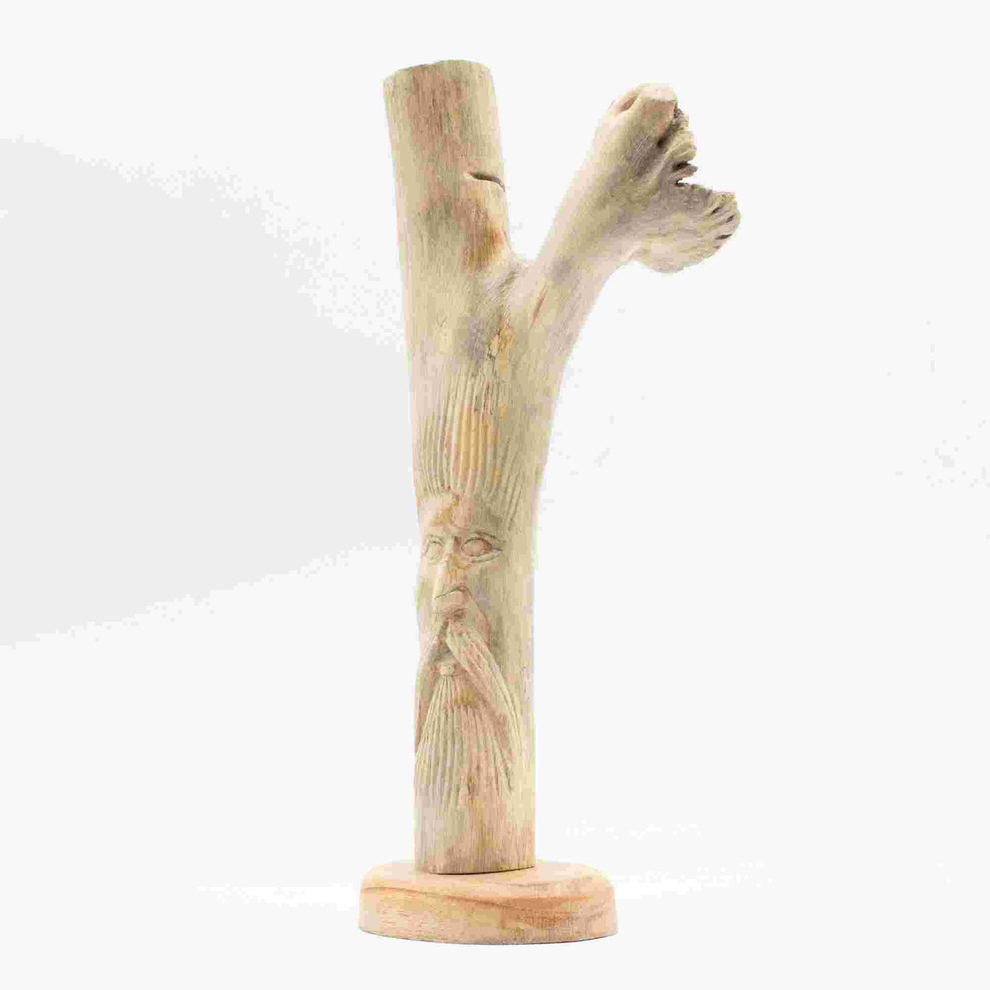 Handmade Parasite Wood Art Carving Greenman on a white background