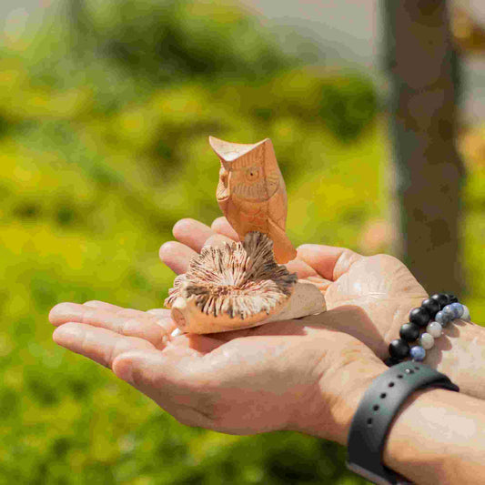 Handmade Parasite Wood Art Carving Owl Watching held in hands with a blurred green background