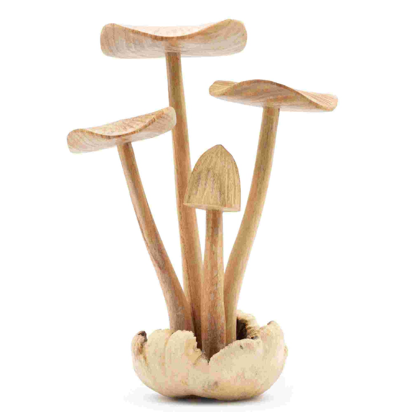 Handmade Parasite Wood Art Carving Set of 4 Large Mushrooms on a white background