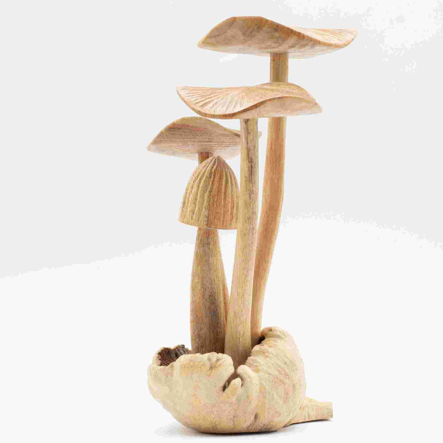 Handmade Parasite Wood Art Carving Set of 4 Large Mushrooms on a white background