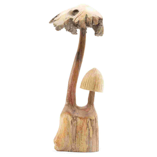 Handmade Parasite Wood Art Carving - Set of Two Mushrooms on a white background