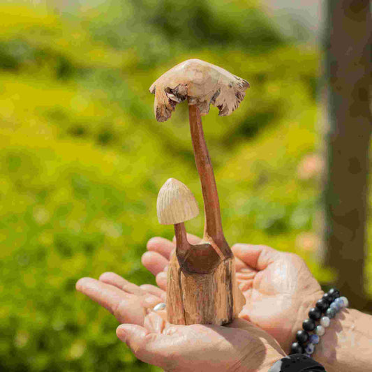 Handmade Parasite Wood Art Carving Set of Two Mushrooms held in hands with a natural outdoor background
