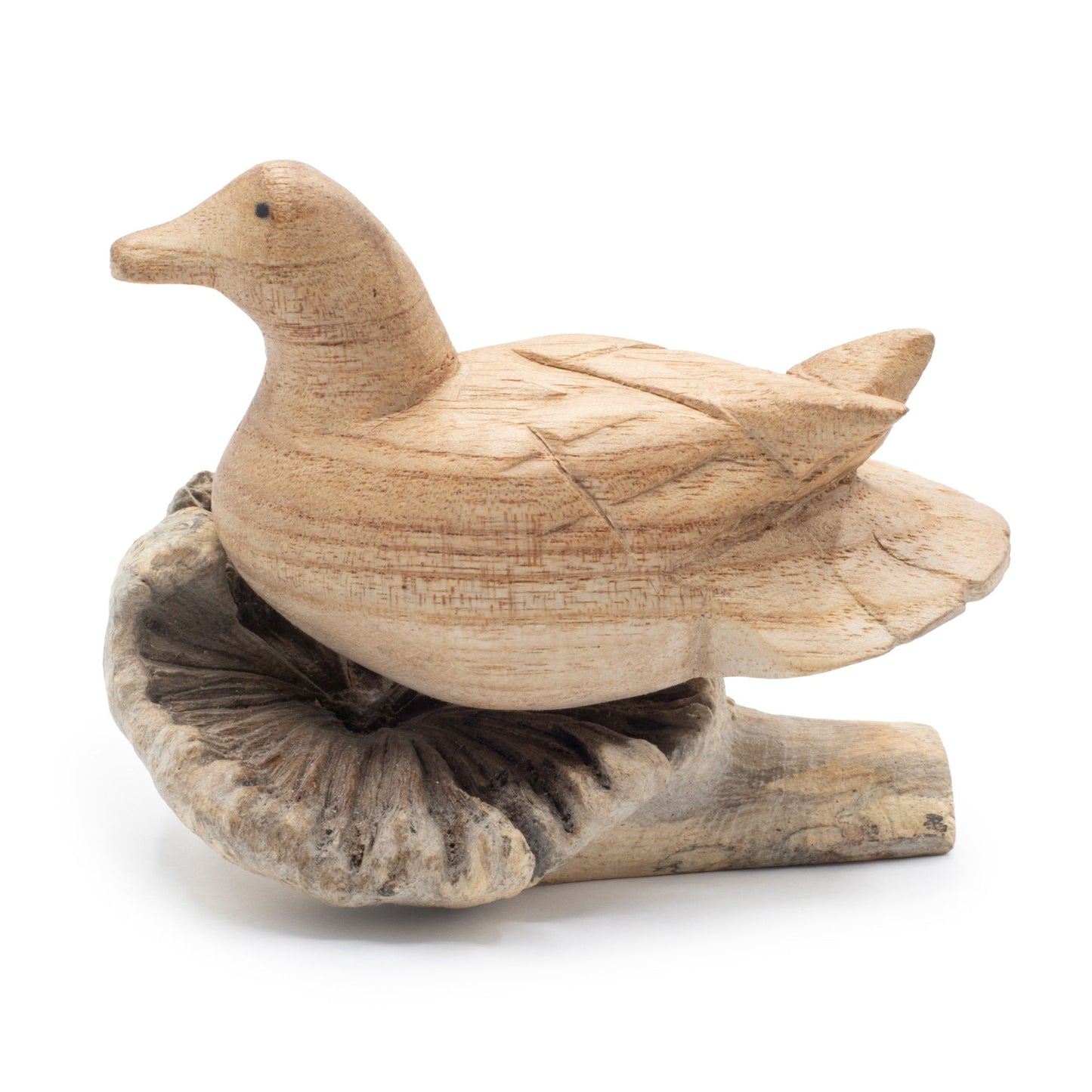 Handmade Parasite Wood Art Carving - Wild Duck Resting on a white background