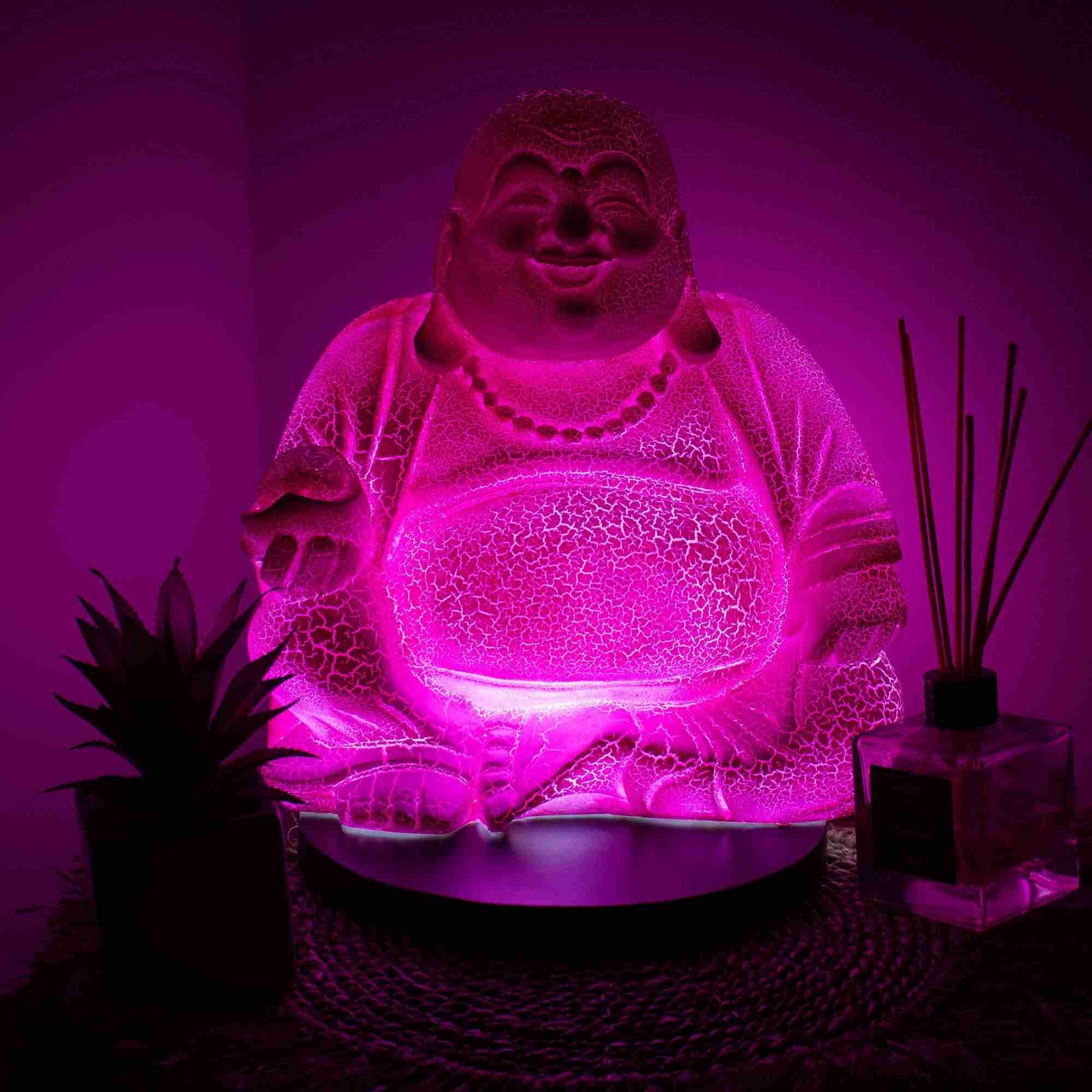 Laughing Buddha Lamp Dragonfruit with light on in a dark room