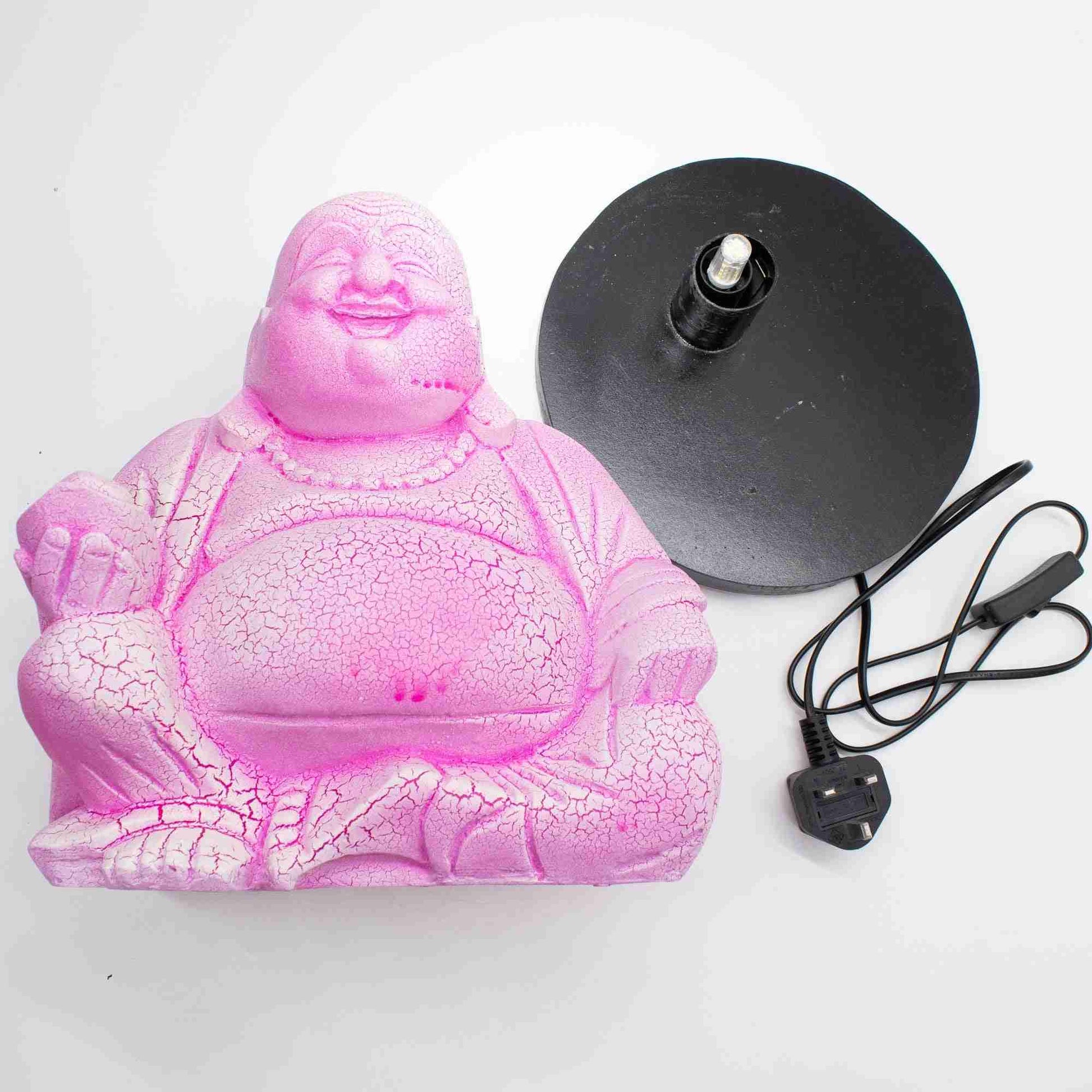 Laughing Buddha Lamp Dragonfruit with black lamp base and cord on a white background.