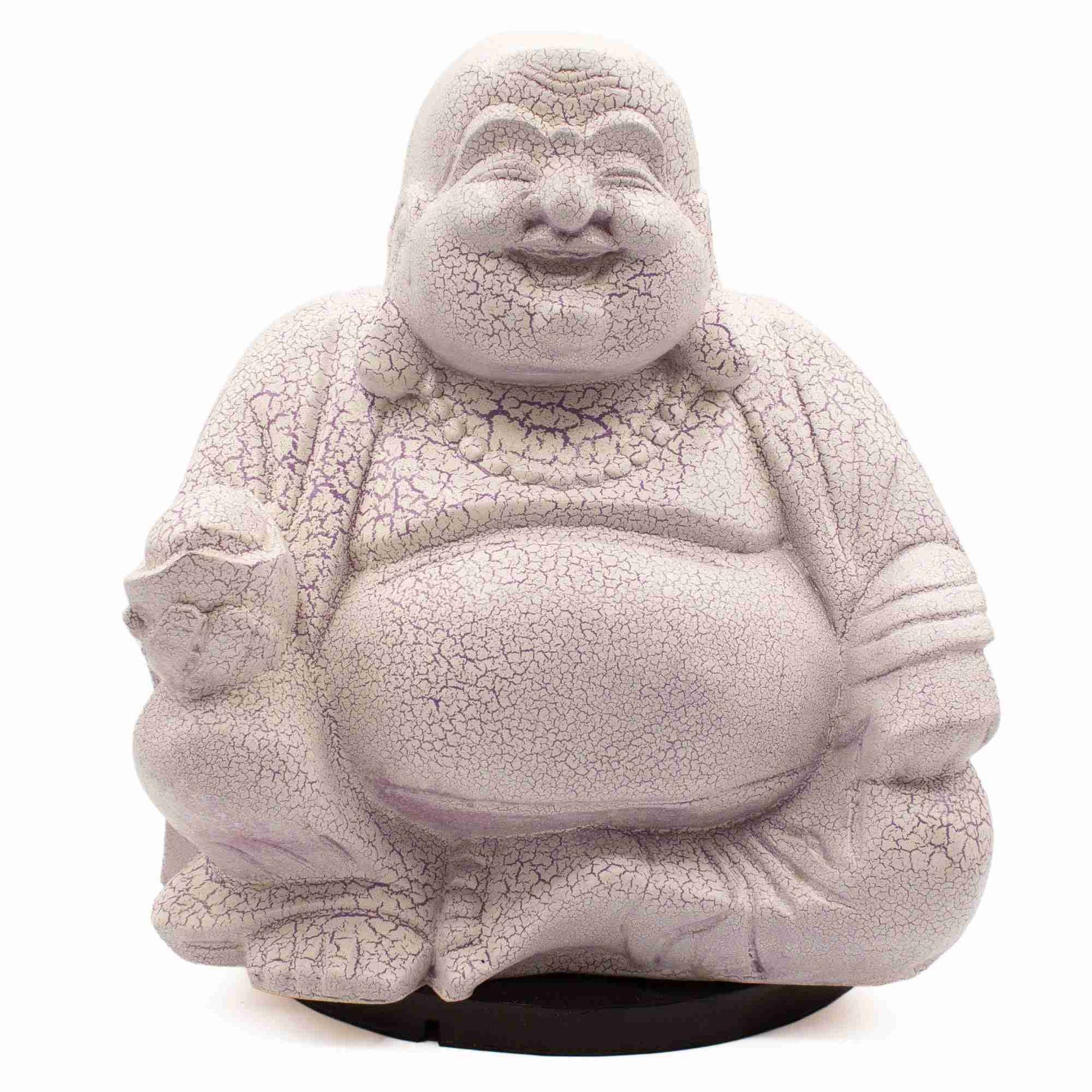 Laughing Buddha Lamp, Lavender Crackle on a white background.