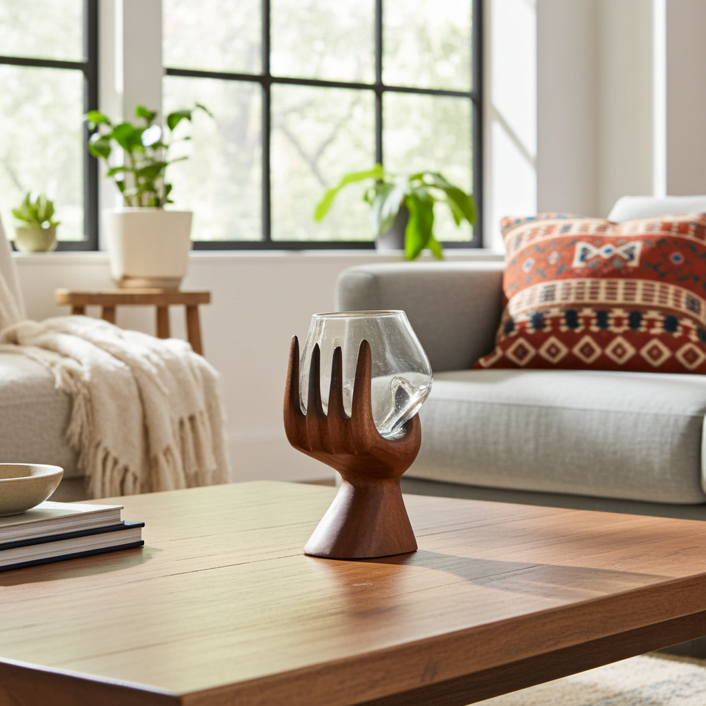 Carved Hand with Molten Glass Bowl on a wooden table in a living room with a couch and plants.