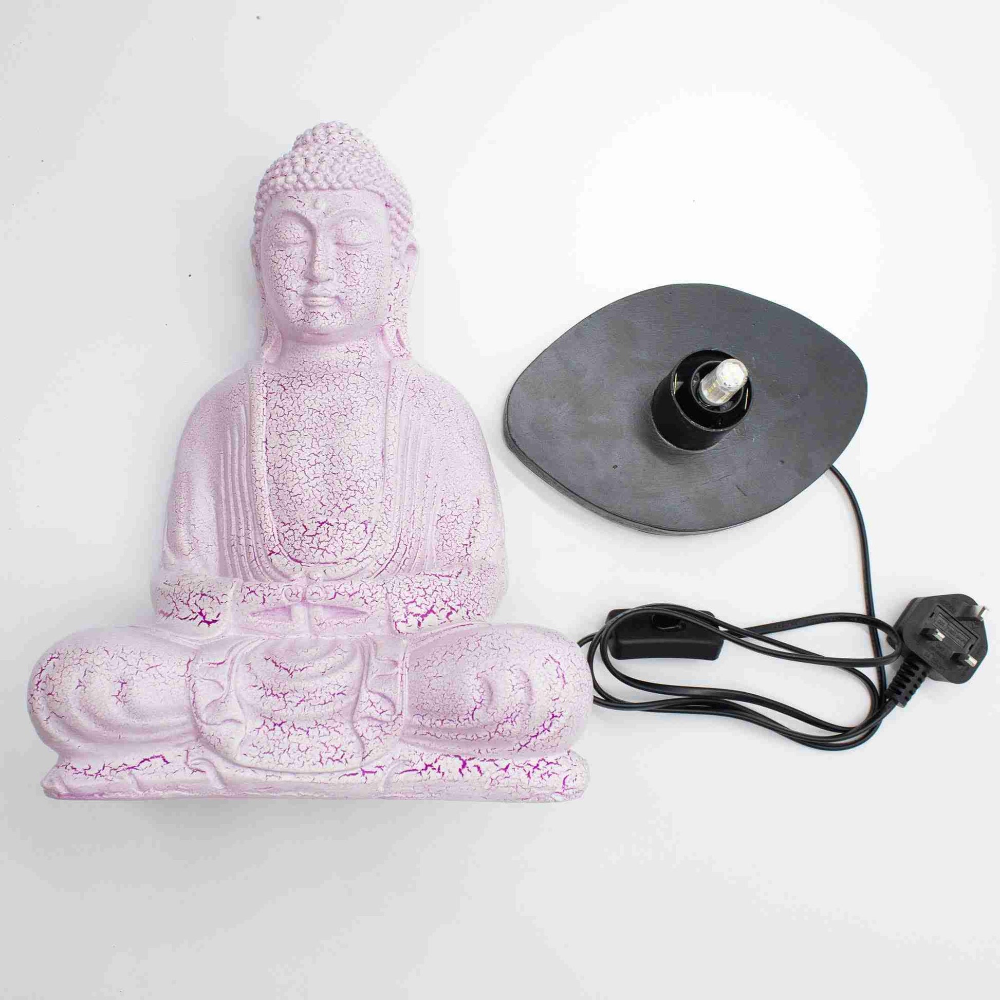Meditation Buddha Lamp Cherry Crackle with Power cord and lamp base on a white background.