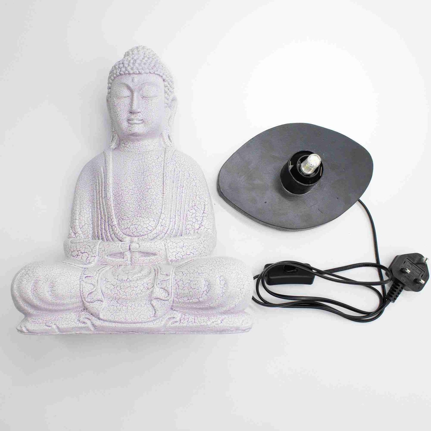 Meditation Buddha Lamp Lavender Crackle with a lamp base and power cord on a white background.