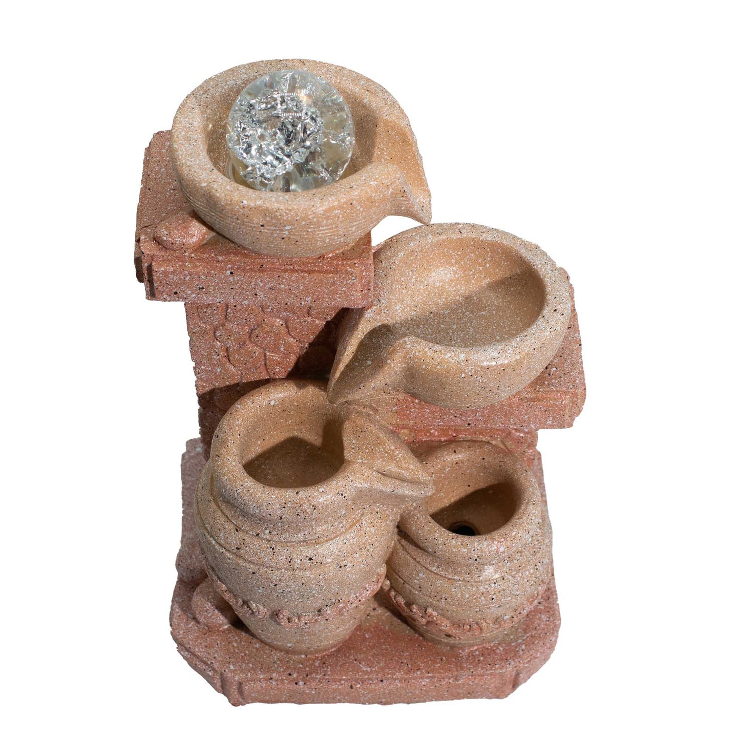 Mediterranean Cascading Pots Tabletop Water Feature on a white background, top view.