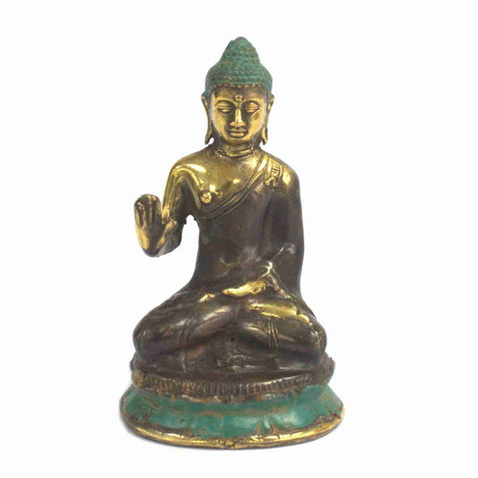 Medium Brass Buddha Figurine Hand Up Sitting on a white background