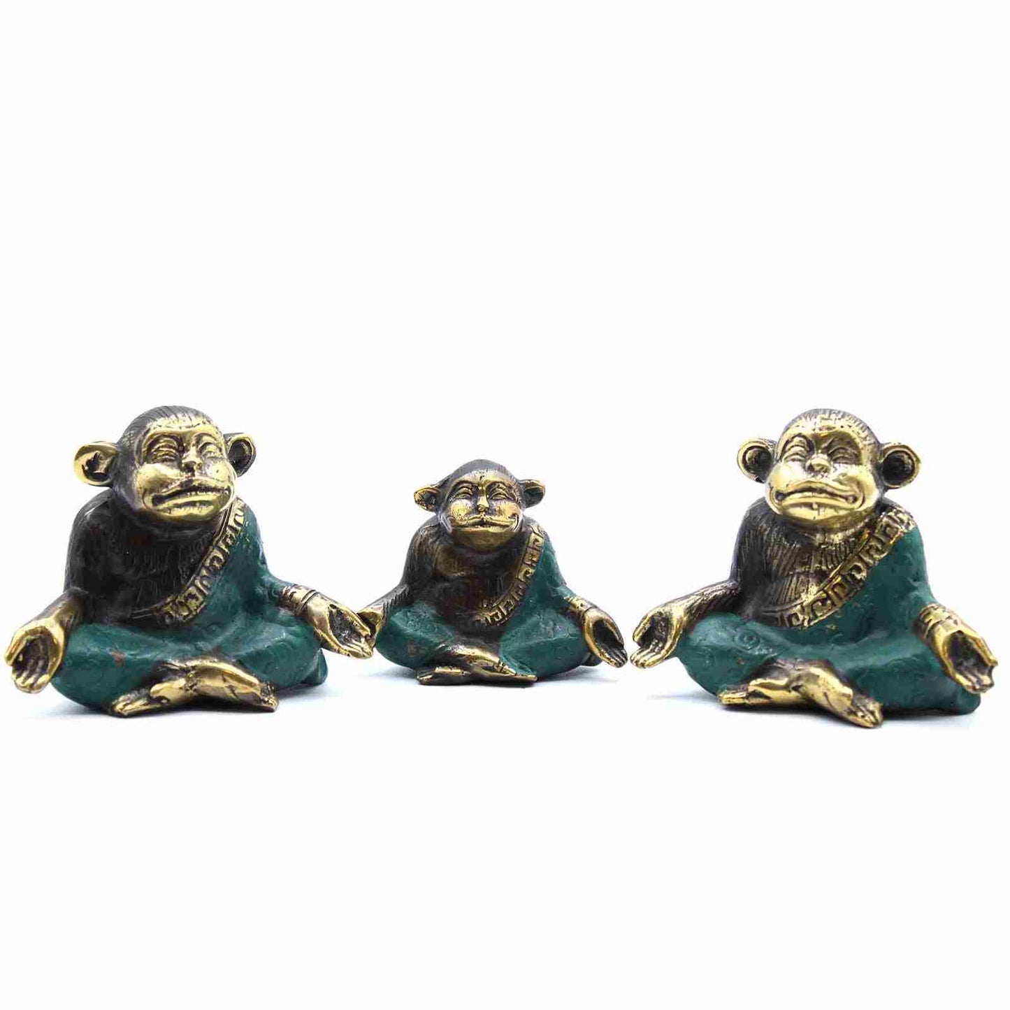 Set of 3 Brass Yoga Monkey Figurines on a white background