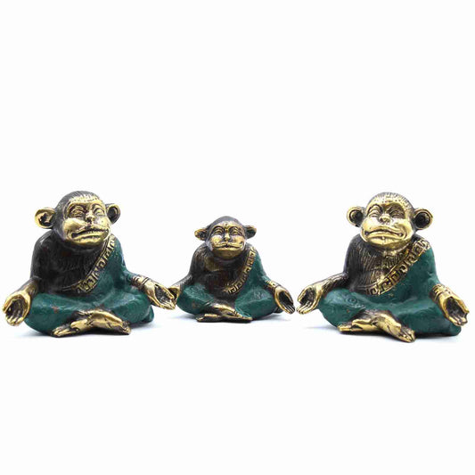 Set of 3 Brass Yoga Monkey Figurines on a white background