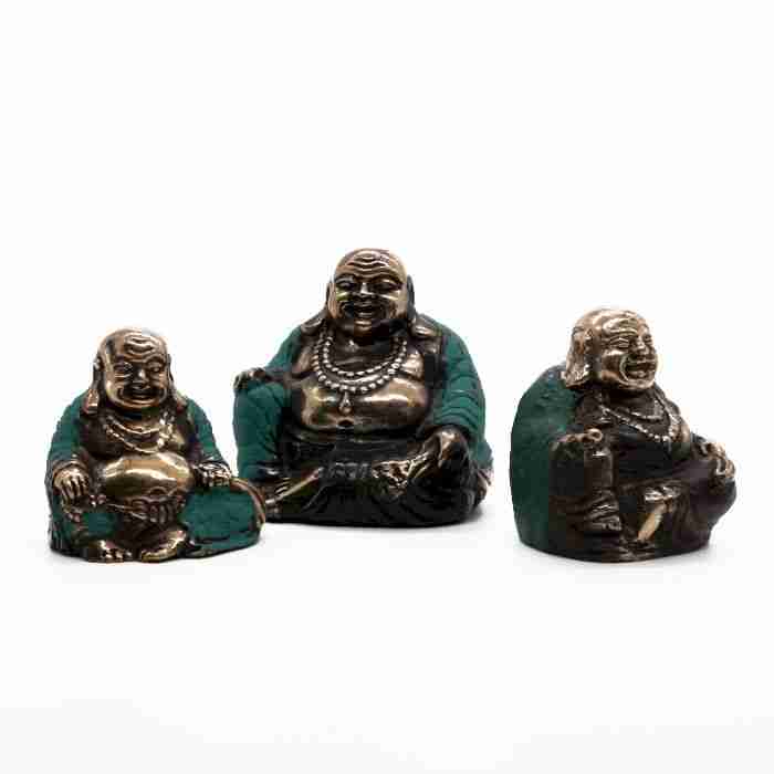 Set of 3 Happy Buddha Brass Figurines on a white background.