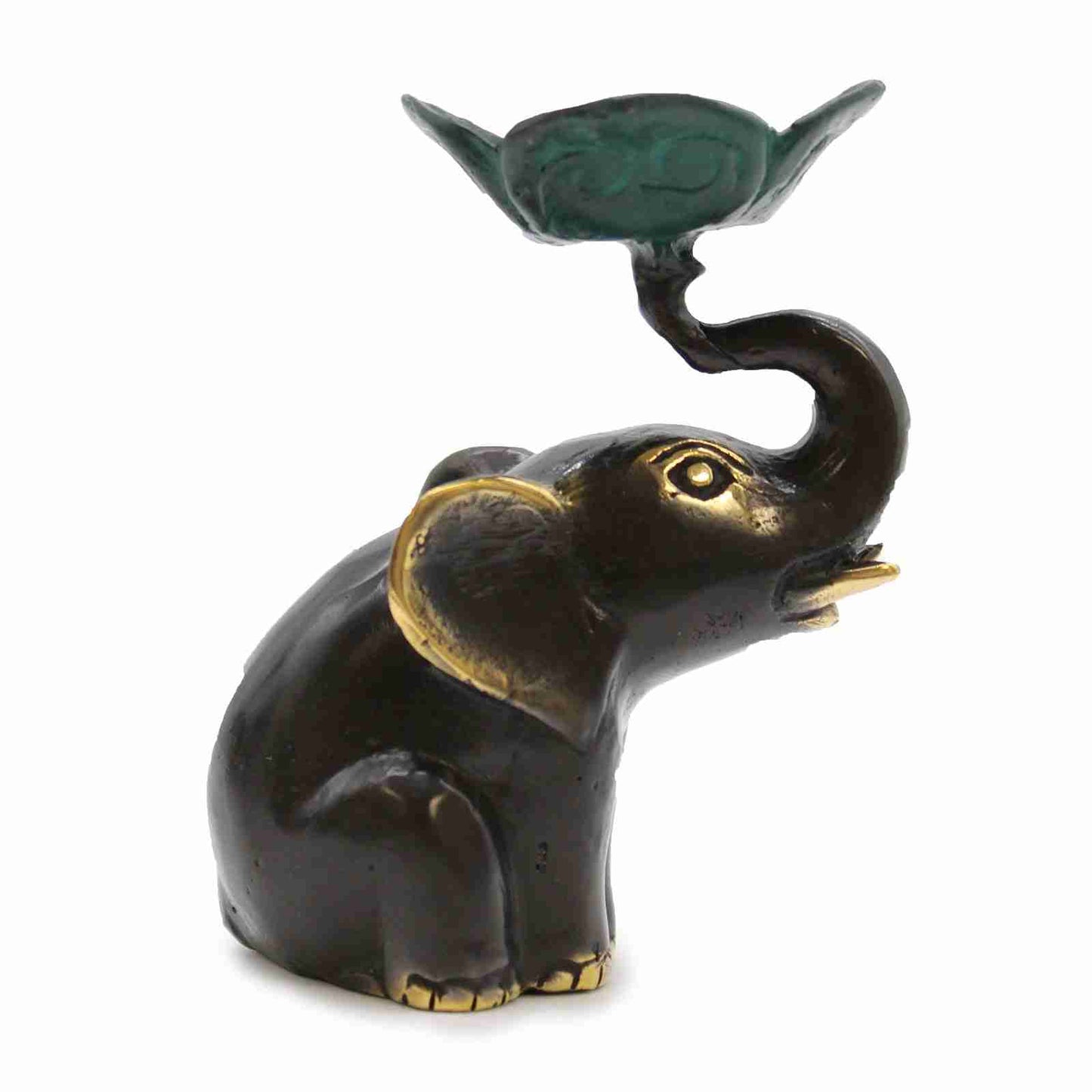Small Brass Elephant Candle and Incense Holder on a white background