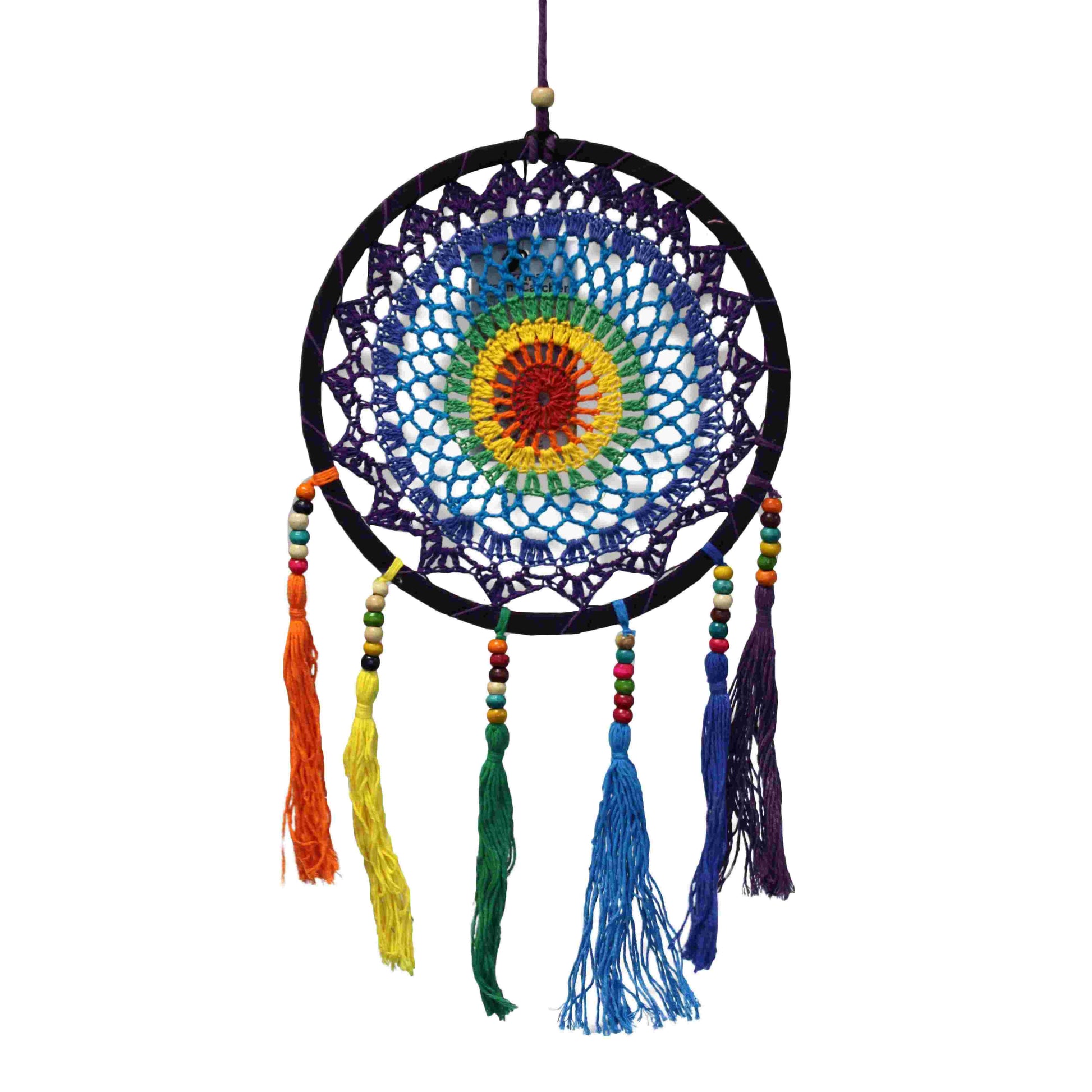 Small, vivid rainbow dreamcatcher on a white background