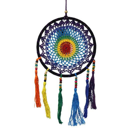 Small, vivid rainbow dreamcatcher on a white background